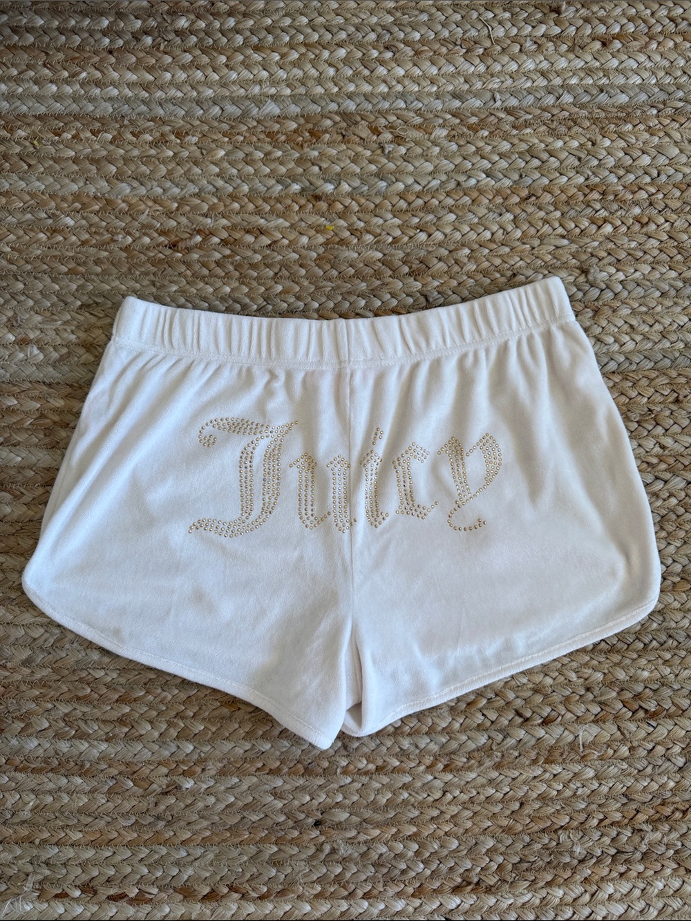 Juicy Couture Cream Shorts with Gold Rhinestone 'Juicy' Logo